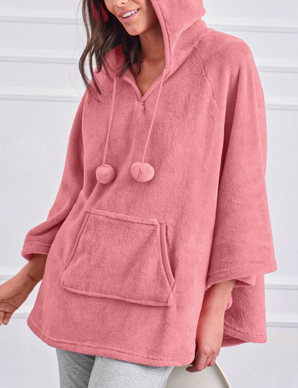 Poncho &agrave; capuche, maille polaire toucher peluche (rose poudr&eacute;)