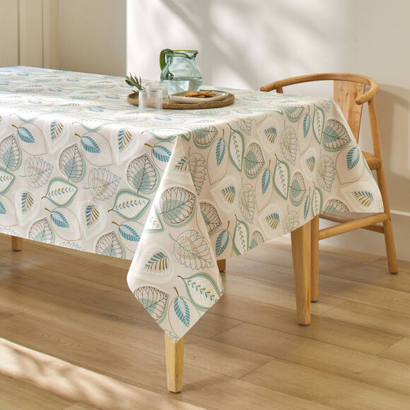 Nappe toile cirée imprimé feuilles (gris / bleu)