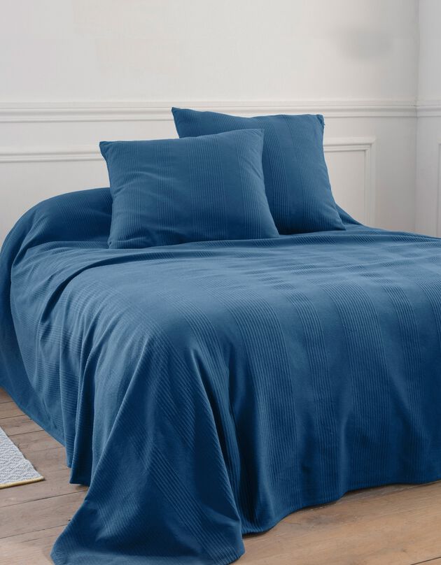 Jeté de lit uni tissé coton (bleu)