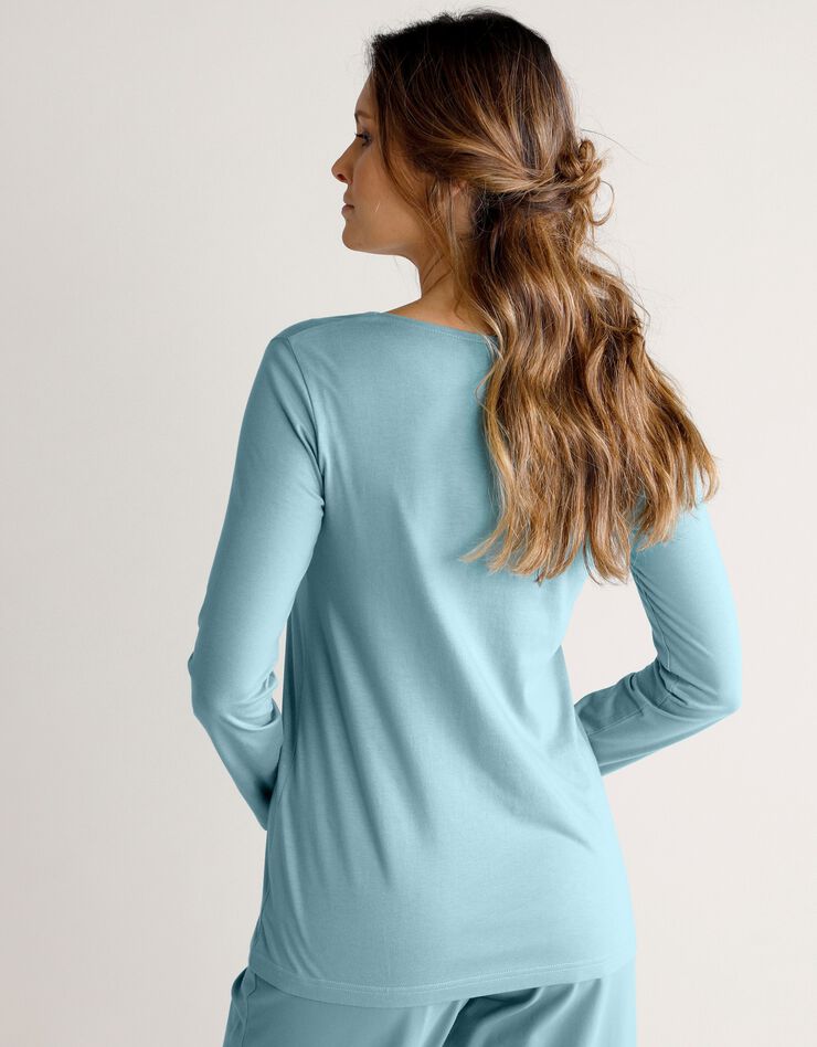 Tee-shirt col plumetis manches longues (bleu grisé) Tee-shirt col plumetis manches longues (bleu grisé)