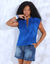 Blouse unie col mao en gaze de coton (bleu)
