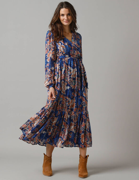 Robe longue en voile, imprimé fleurs indiennes (bleu / beige)