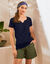 T-shirt col tunisien uni, coton (marine)