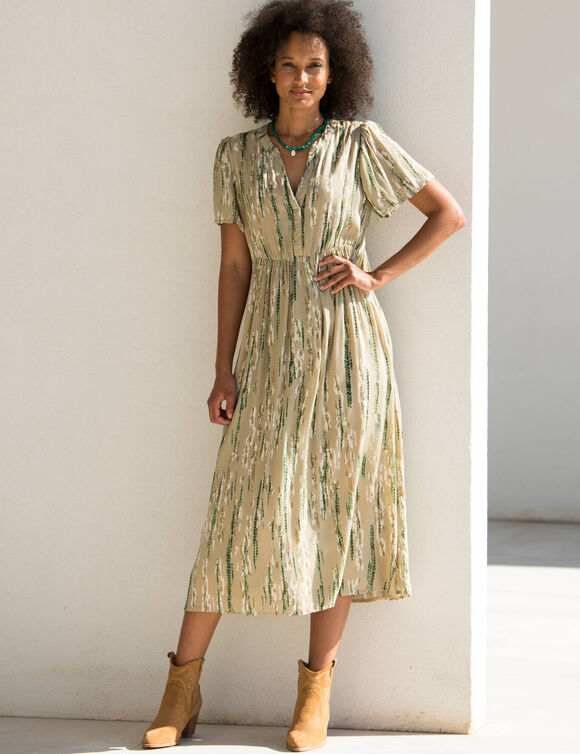 Robe longue en crépon, imprimée (beige / kaki)
