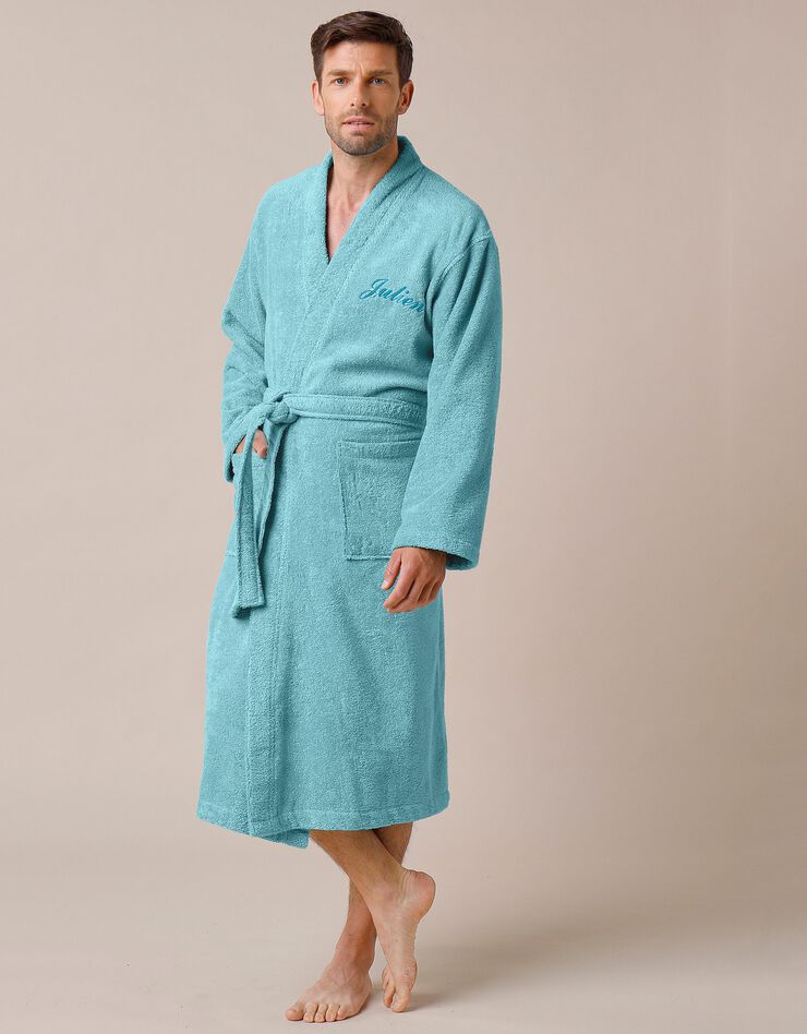 Peignoir mixte adulte uni coton éponge bouclette col kimono personnalisé (vert d'eau)