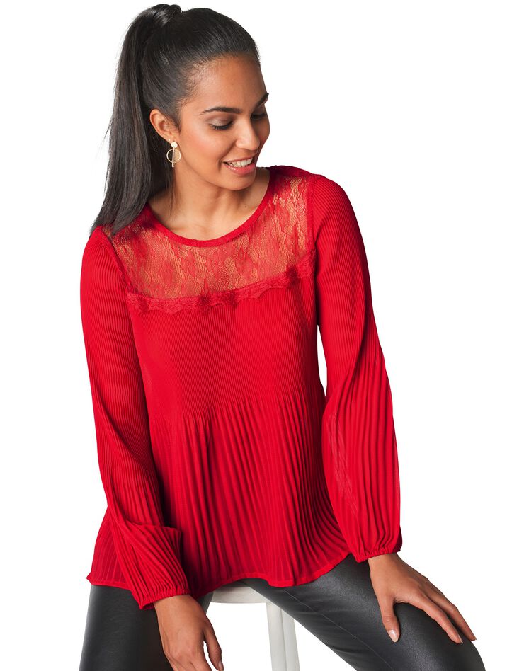 Blouse plissée haut dentelle (rouge) Blouse plissée haut dentelle (rouge)