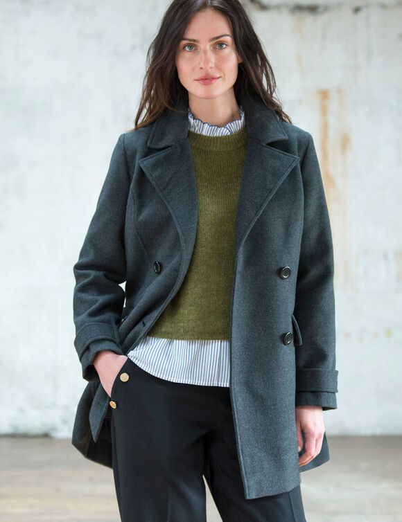 Manteau caban boutonn&eacute; uni (anthracite chin&eacute;)