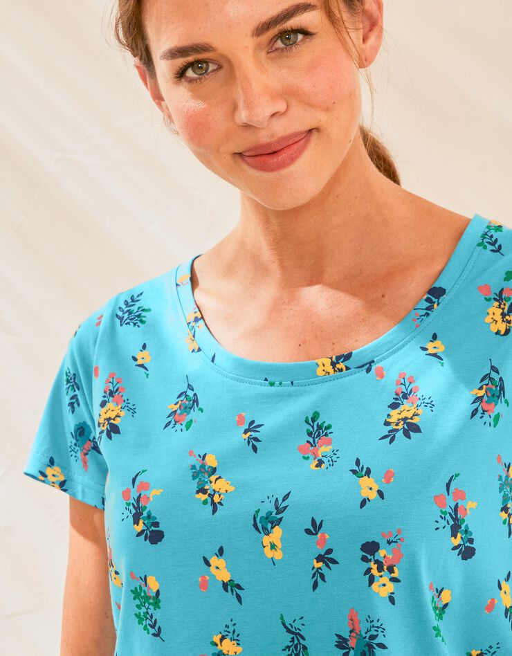 Tee-shirt col rond imprimé fleuri coton (turquoise) Tee-shirt col rond imprimé fleuri coton (turquoise)