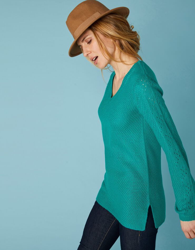 Pull tunique col V maille ajourée toucher mohair (vert) Pull tunique col V maille ajourée toucher mohair (vert)