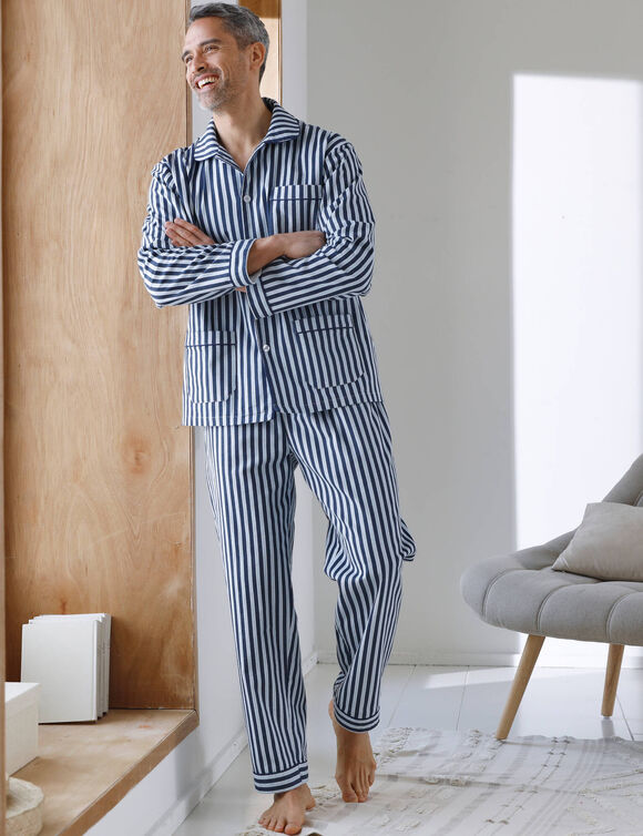 Pyjama rayures pilou coton (marine / &eacute;cru)