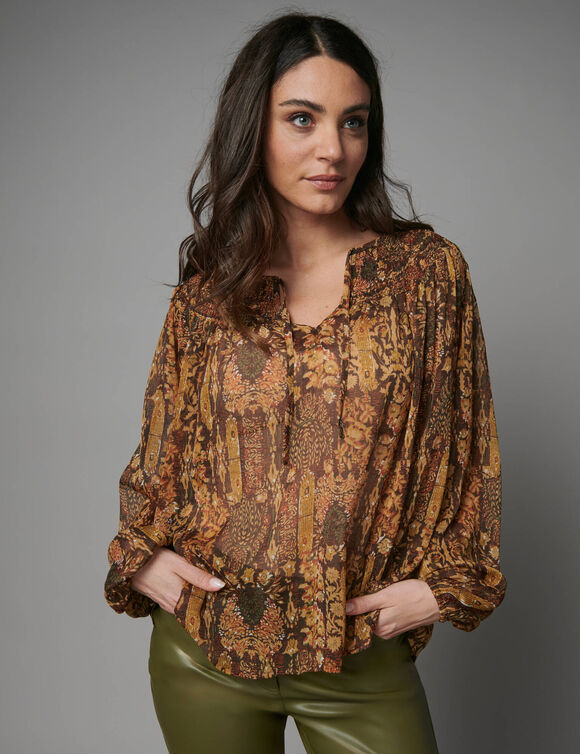 Blouse en voile imprim&eacute; (chocolat / vert)