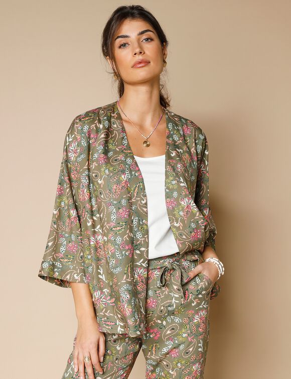 Kimono fluide imprimé, viscose (kaki / corail)