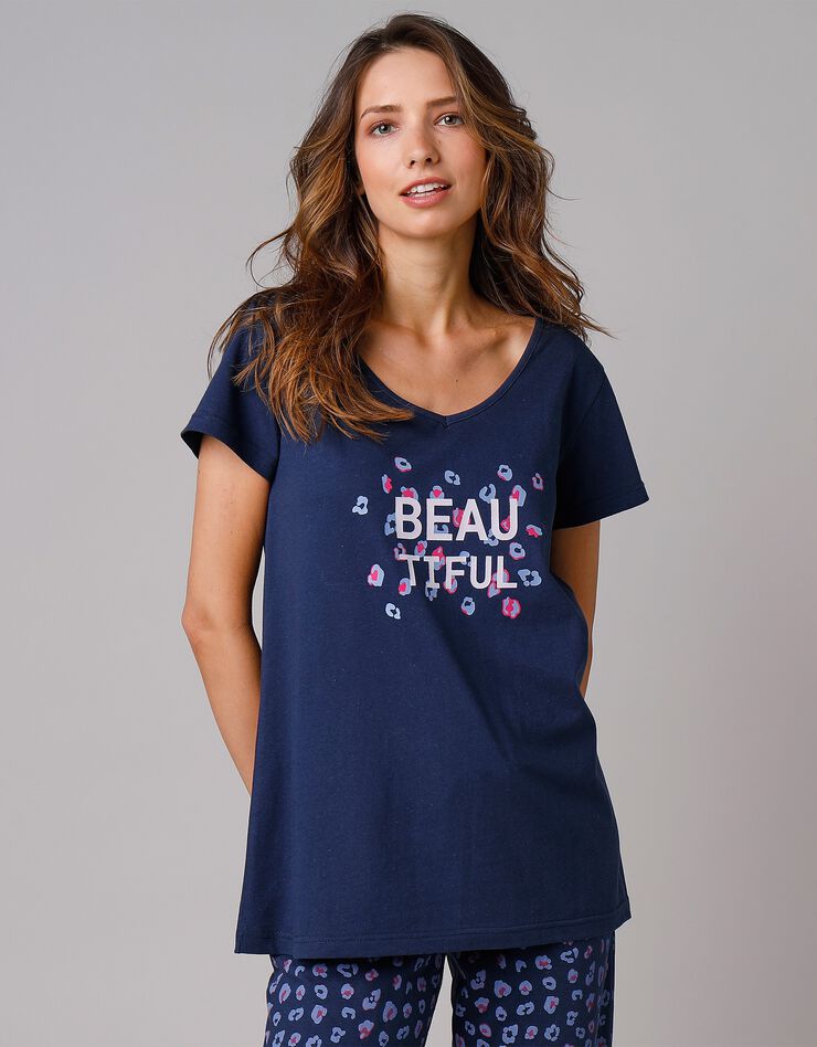 Tee-shirt manches courtes coton uni imprimé placé "Beautiful"  (marine)