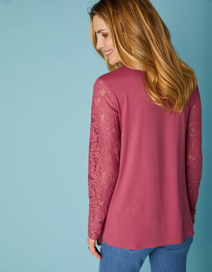 Tee-shirt col rond manches longues, dentelle jersey (bois de rose) Tee-shirt col rond manches longues, dentelle jersey (bois de rose)