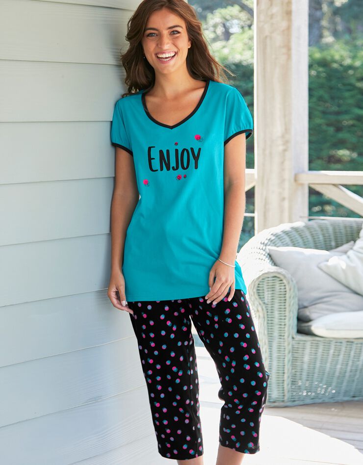 Tee-shirt manches courtes coton uni imprimé placé "Enjoy" (émeraude)