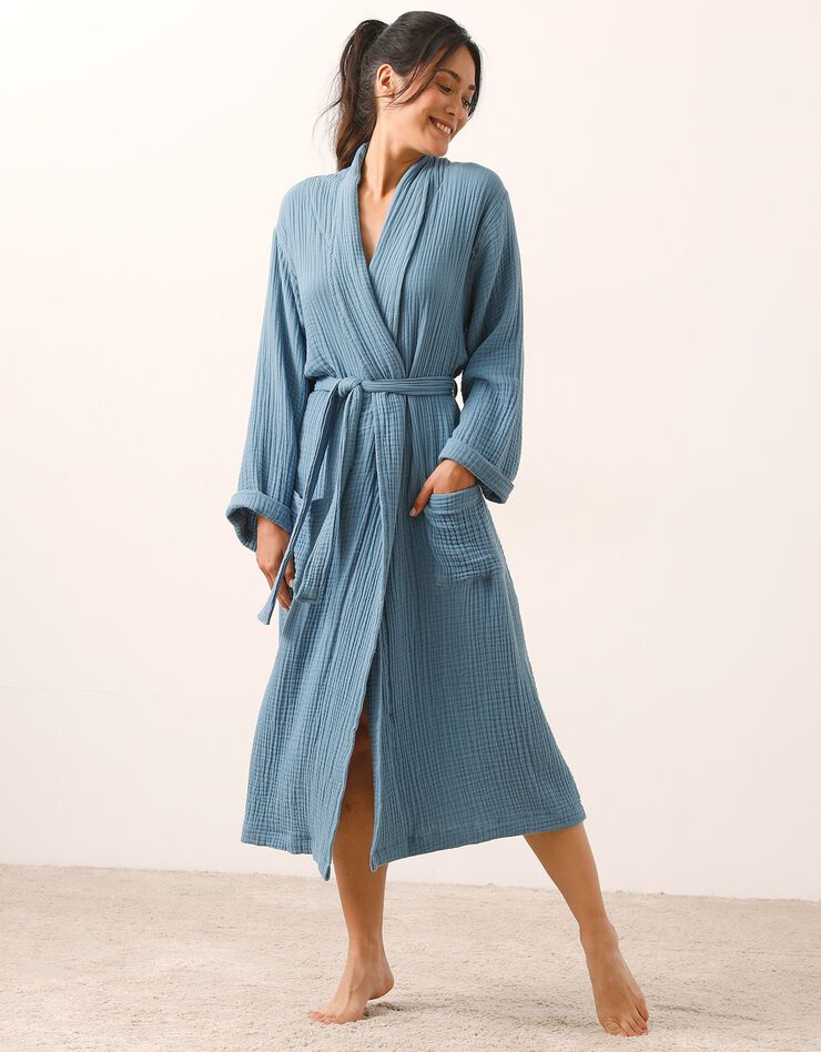 Peignoir uni en triple gaze de coton  (bleu)