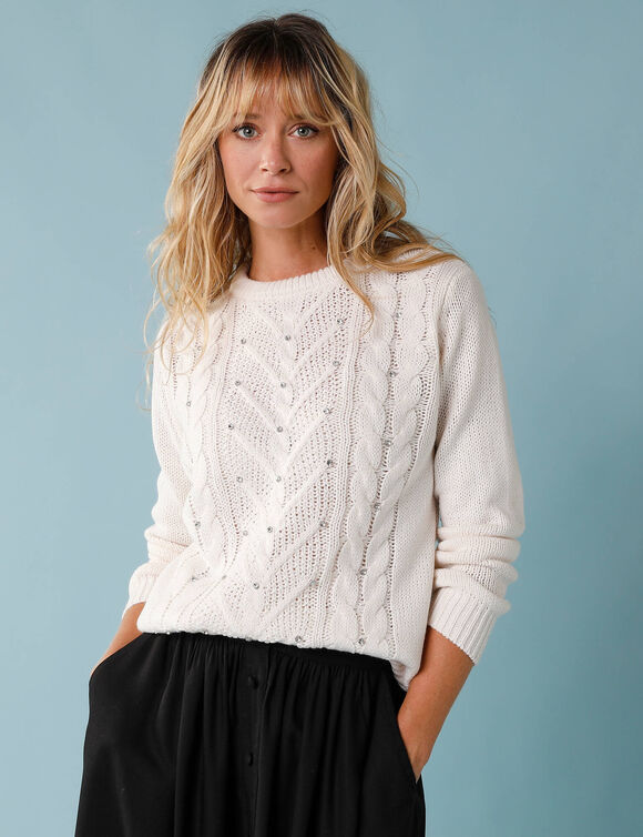 Pull spécial Petites torsades et strass (écru)