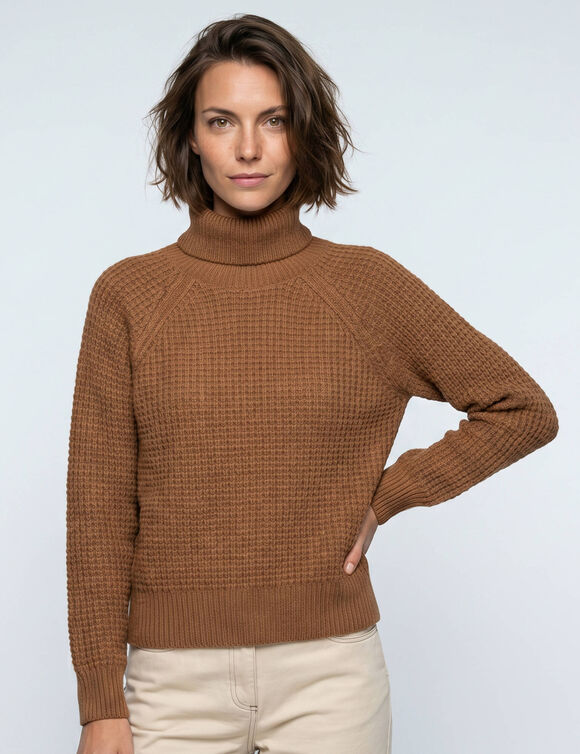 Pull col roul&eacute; en maille fantaisie (noisette)