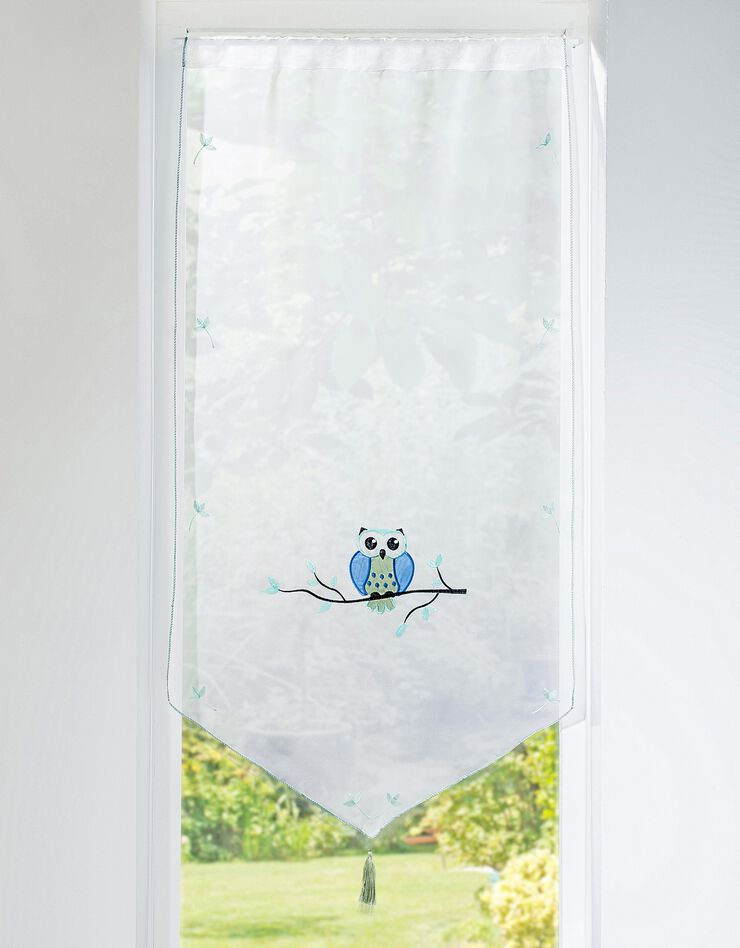 Vitrage brodé chouette forme pointe pompon finition passe-tringle (bleu / vert)