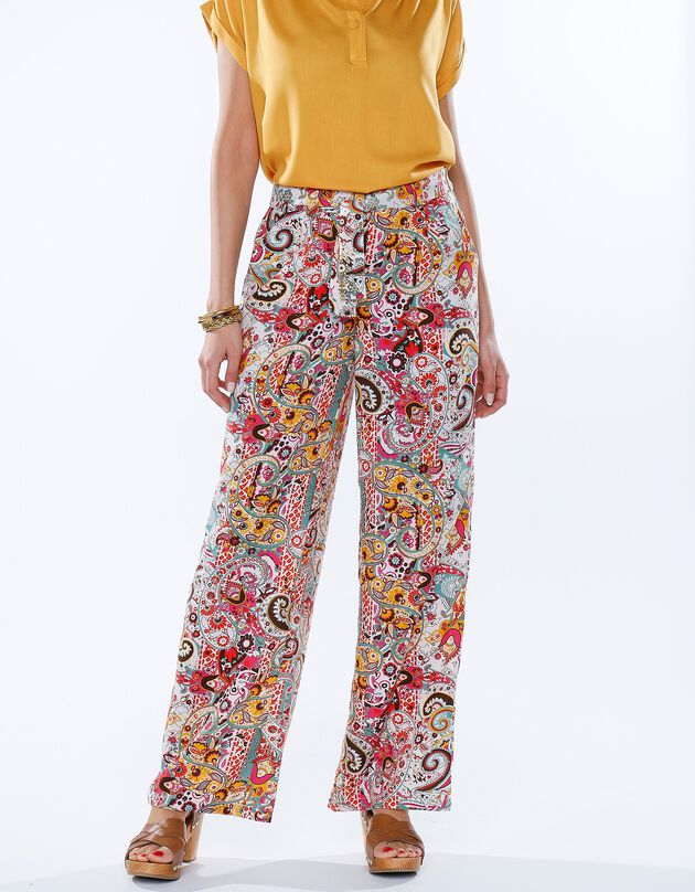 Pantalon large ceinturé imprimé multicolore (écru / vert)