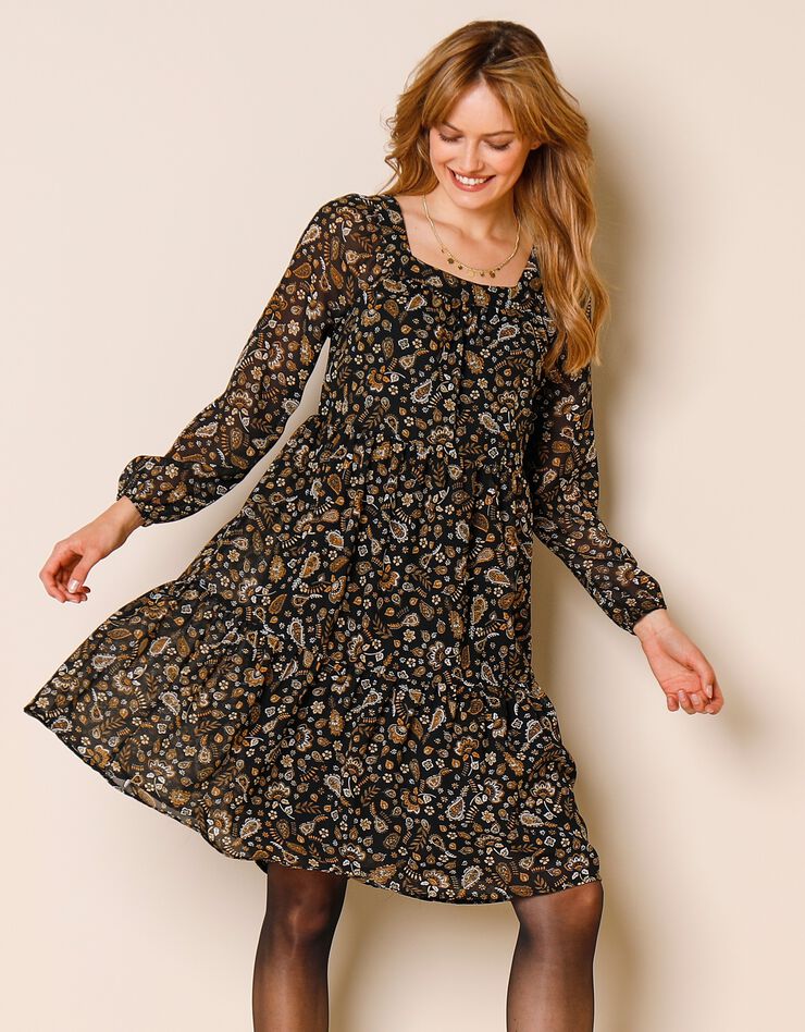 Robe évasée imprimée col carré (noir / doré)