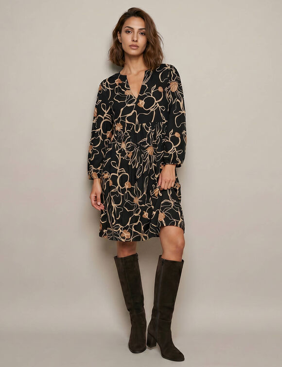 Robe courte col rond, manches 7/8&egrave;me, imprim&eacute; fleurs (noir / caramel)