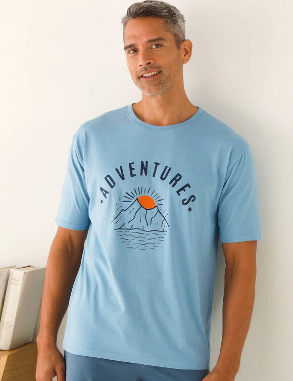 T-shirt pyjama imprim&eacute; plac&eacute; manches courtes coton  (bleu)