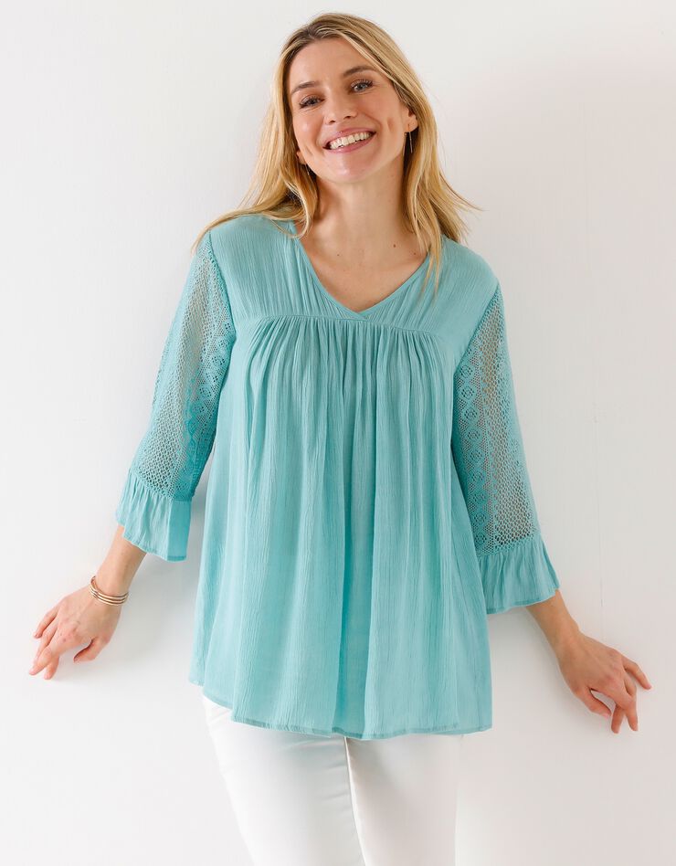 Blouse unie col V manches 3/4 macramé (aqua) Blouse unie col V manches 3/4 macramé (aqua)