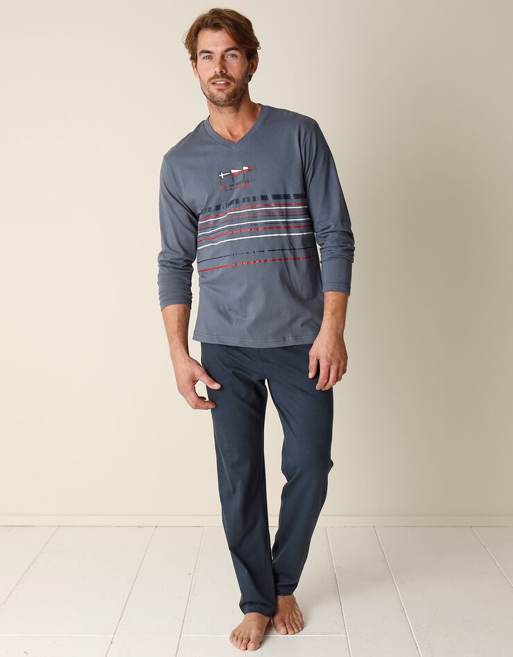 Pyjama long col V manches longues coton adouci (bleu grisé / marine) Pyjama long col V manches longues coton adouci (bleu grisé / marine)