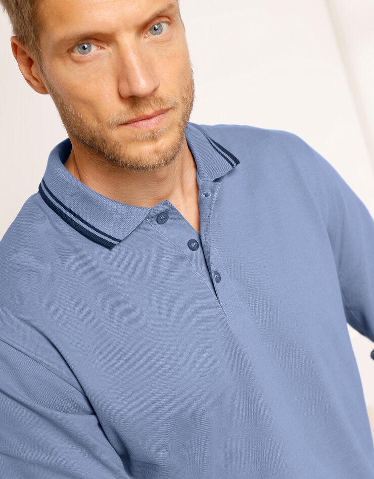 Polo uni maille piquée manches longues (bleu jean) Polo uni maille piquée manches longues (bleu jean)