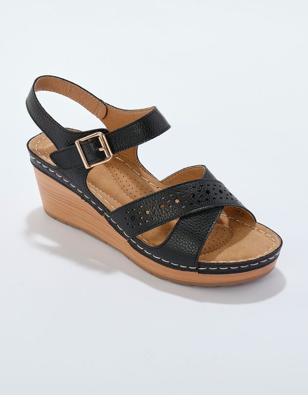 Sandales compensées ajourées semelle effet bois (noir)