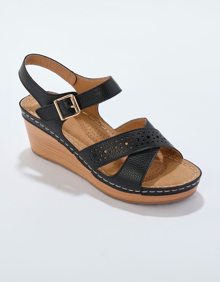 Sandales compensées ajourées semelle effet bois (noir)