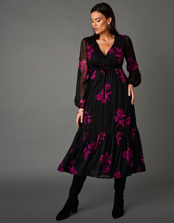 Robe longue voile imprimé fleurs (noir / violine)