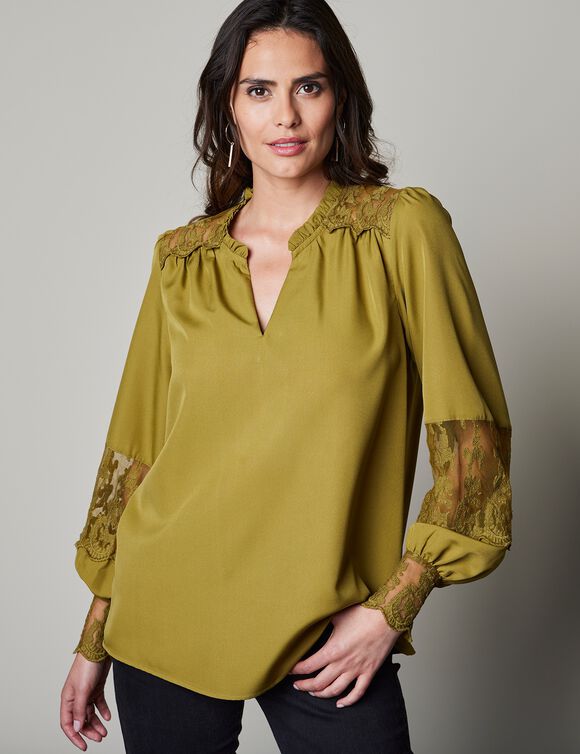 Blouse dentelle manches longues blousantes (vert mousse)