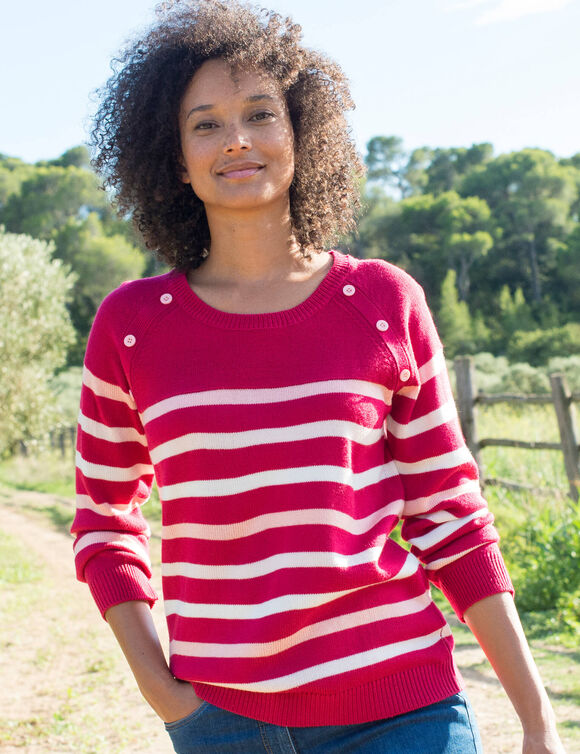 Pull marini&egrave;re manches longues ray&eacute; (framboise / rose)