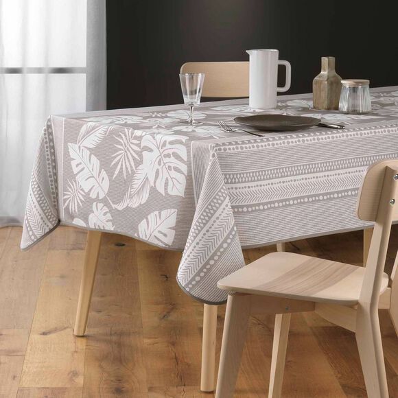 Nappe bicolore imprimé feuillage entretien facile (naturel)