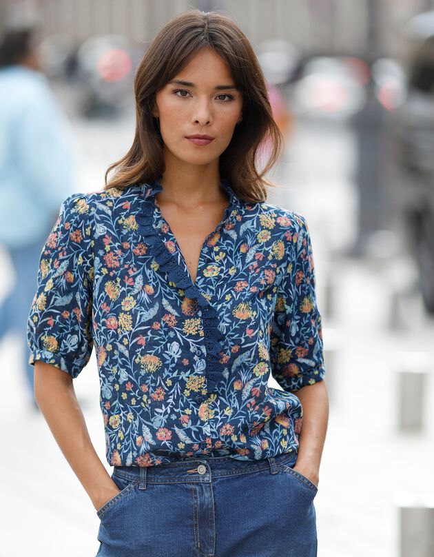 Blouse boutonnée imprimée détails broderie, gaze de coton (marine / paprika)