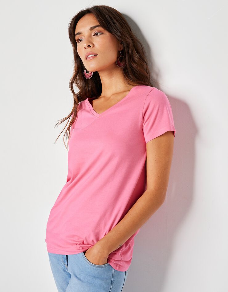 Tee-shirt col V uni manches courtes coton (rose)