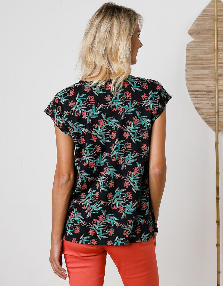 Tee-shirt épaules tombantes imprimé tropical (noir / corail)