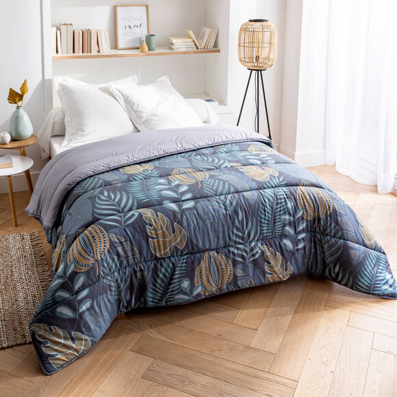 Couette microfibre imprim&eacute;e Feuilles 400 g/m&sup2; (bleu canard / miel)