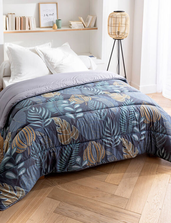 Couette microfibre imprim&eacute;e Feuilles 400 g/m&sup2; (bleu canard / miel)