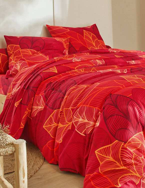 Linge de lit Elsa en polycoton à motifs feuilles (rouge)
