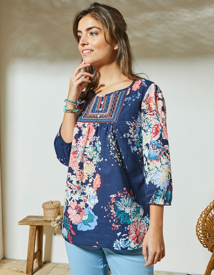 Blouse imprimée fleurs (marine / tomette) Blouse imprimée fleurs (marine / tomette)