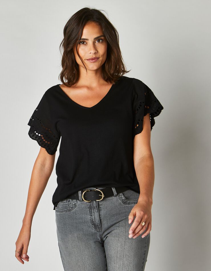 Tee-shirt manches courtes broderie anglaise (noir)