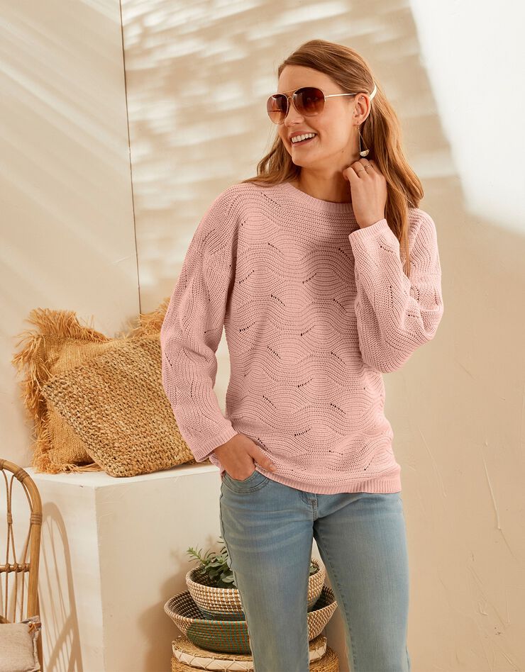 Pull manches longues, maille fantaisie (rose poudré) Pull manches longues, maille fantaisie (rose poudré)