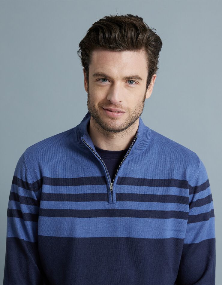 Pull rayé col montant zippé toucher cachemire (marine / bleu)