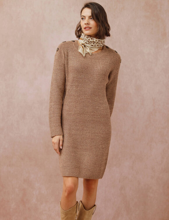 Robe-pull chinée manches longues, épaule boutonnée (taupe chiné)
