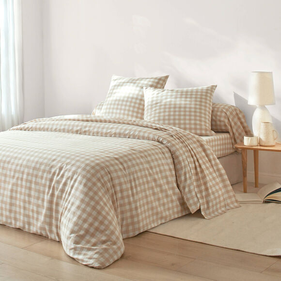 Linge de lit Lou imprim&eacute; carreaux - coton (beige)