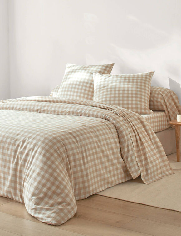 Linge de lit Lou imprim&eacute; carreaux - coton (beige)