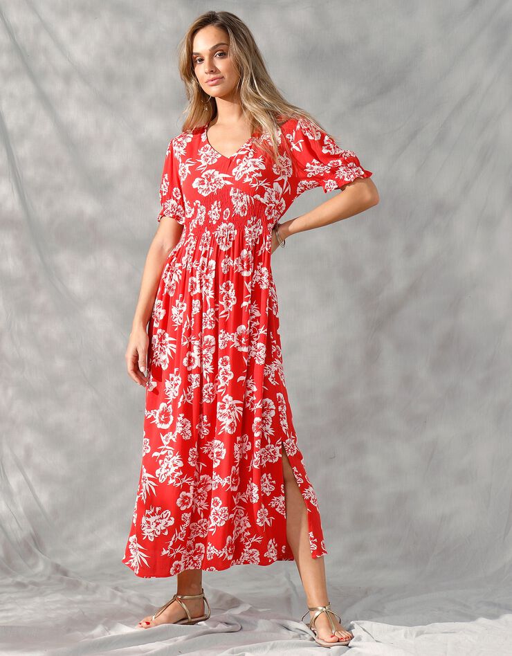 Robe longue découpe smockée imprimée bicolore (rouge / écru)